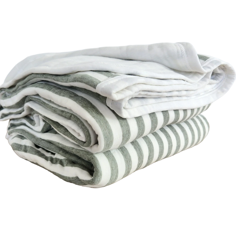 Cannes Cotton Quilted Bed Cover Massive Blanket - Sage Green Striped
