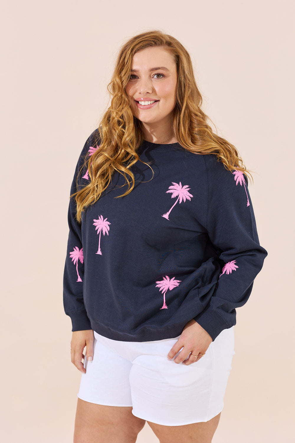 Florida Sweater - Navy/Pink Palm Trees