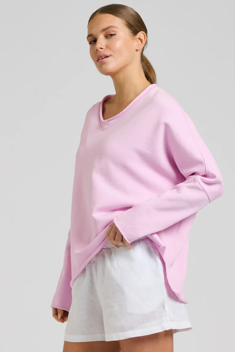 Raw V Neck Sweatshirt - Baby Pink