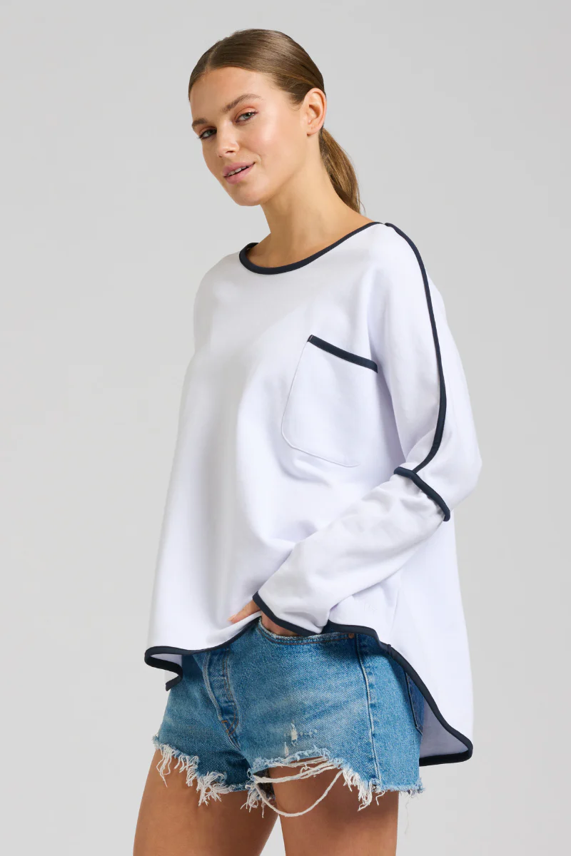 Ringer Cotton Sweatshirt - French Navy & White