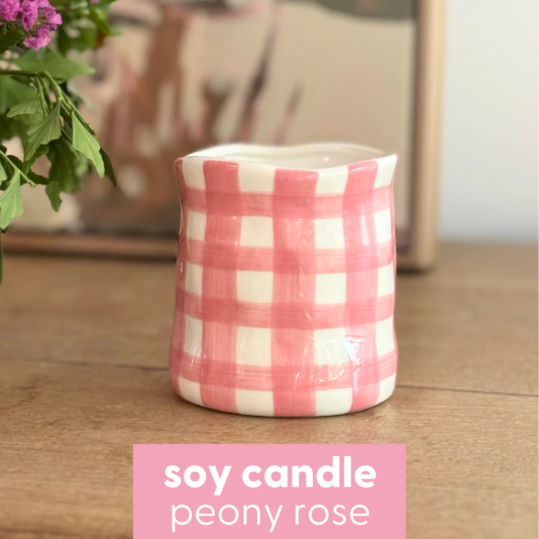 Large Rose Pink Gingham Candle - Peony Rose