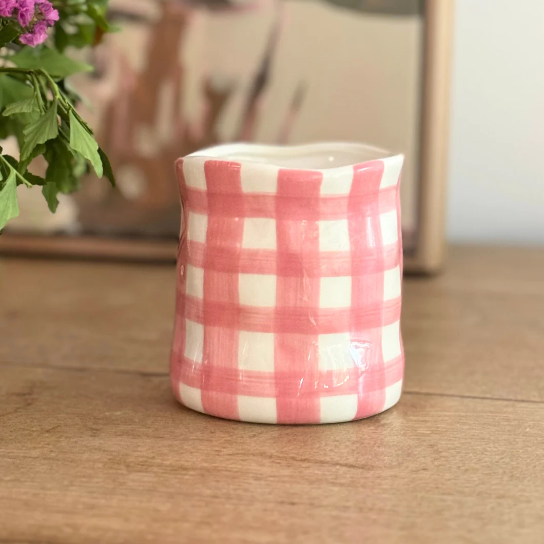 Large Rose Pink Gingham Candle - Peony Rose