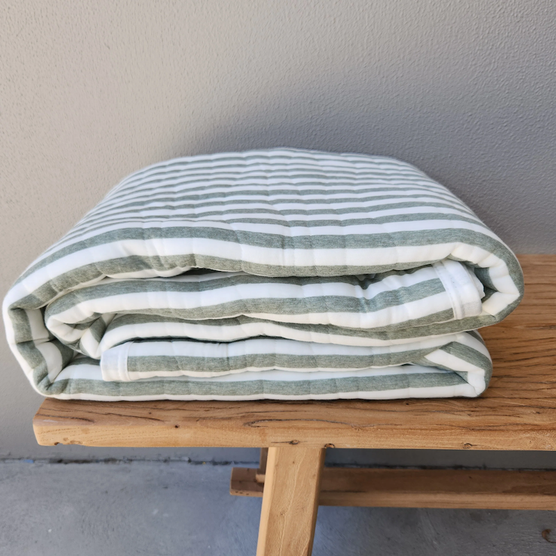 Cannes Cotton Quilted Bed Cover Massive Blanket - Sage Green Striped