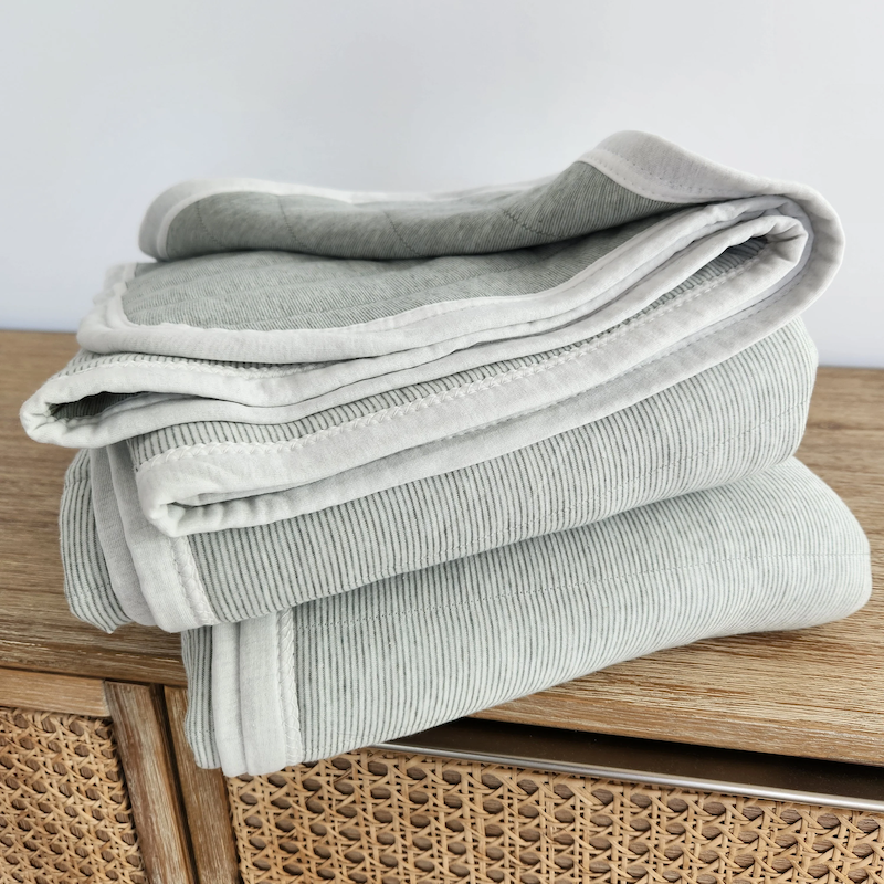 Cannes Cotton Quilted Bed Cover Massive Blanket - Sage Green Pinstriped