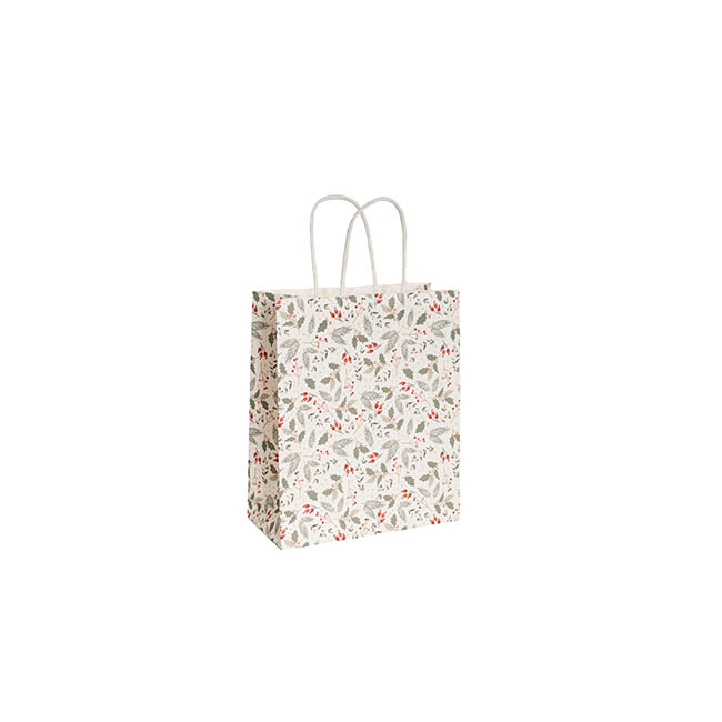 Small Xmas Paper Bag - Holly White