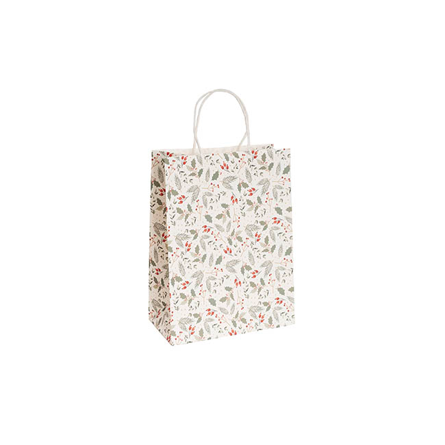 Medium Xmas Paper Bag - Holly White