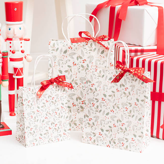 Medium Xmas Paper Bag - Holly White