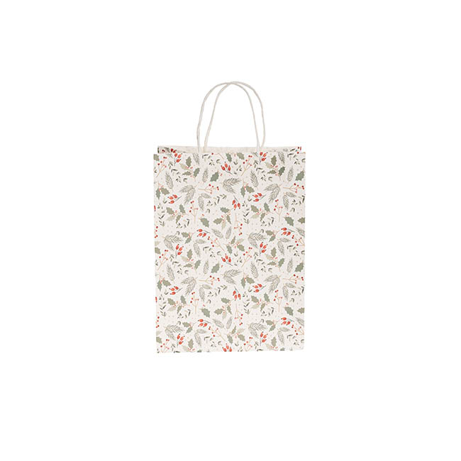 Medium Xmas Paper Bag - Holly White