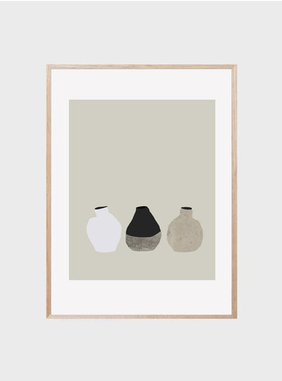 A 3 Little Vases Print featuring a trio of abstract vases in a neutral palette, elegantly framed in oak and printed on premium archival paper, ready to complement a modern interior by The Print Supply.
