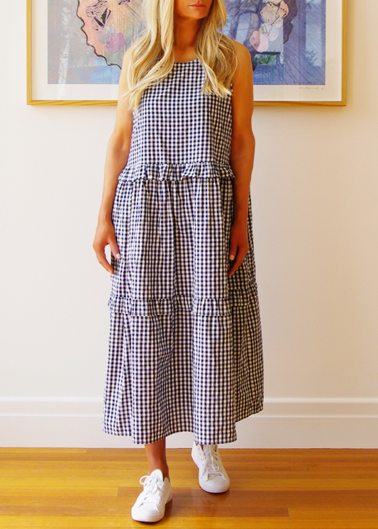 Rosie Sleeveless Cotton Gingham Dress - Indigo (Navy)
