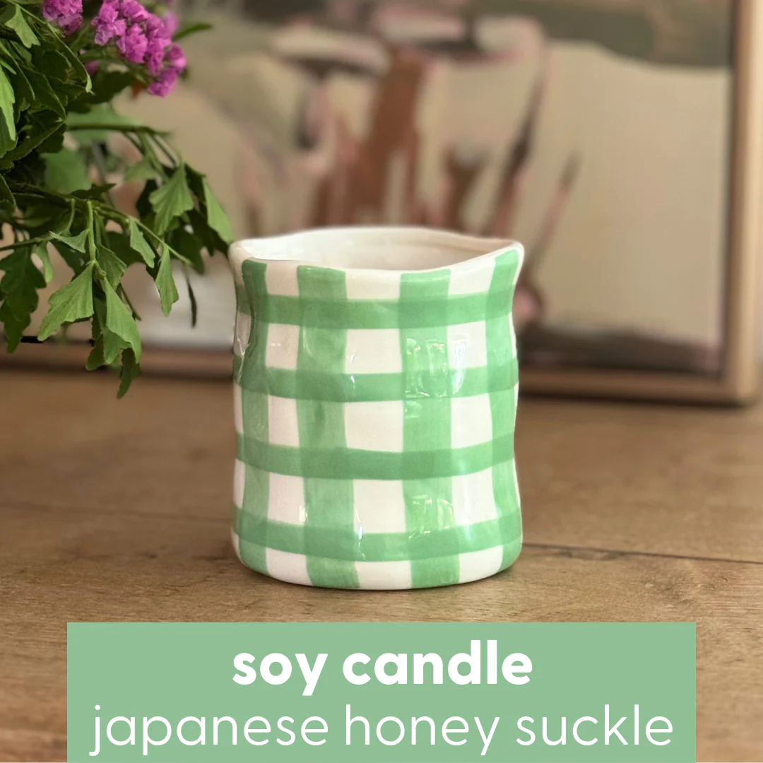 Large Mint Green Gingham Candle - Japanese Honey Suckle