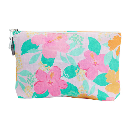 Large Linen Cosmetic Bag - Hibiscus