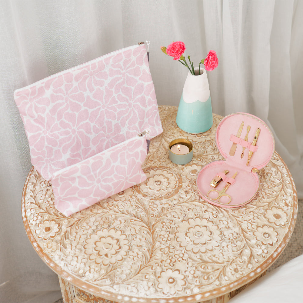Large Linen Cosmetic Bag - Pink Petal Floral