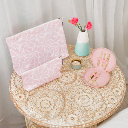 Small Linen Cosmetic Bag - Pink Petal Floral