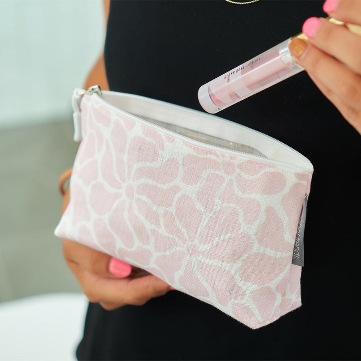 Small Linen Cosmetic Bag - Pink Petal Floral
