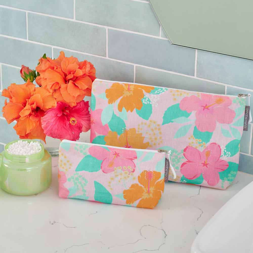 Large Linen Cosmetic Bag - Hibiscus