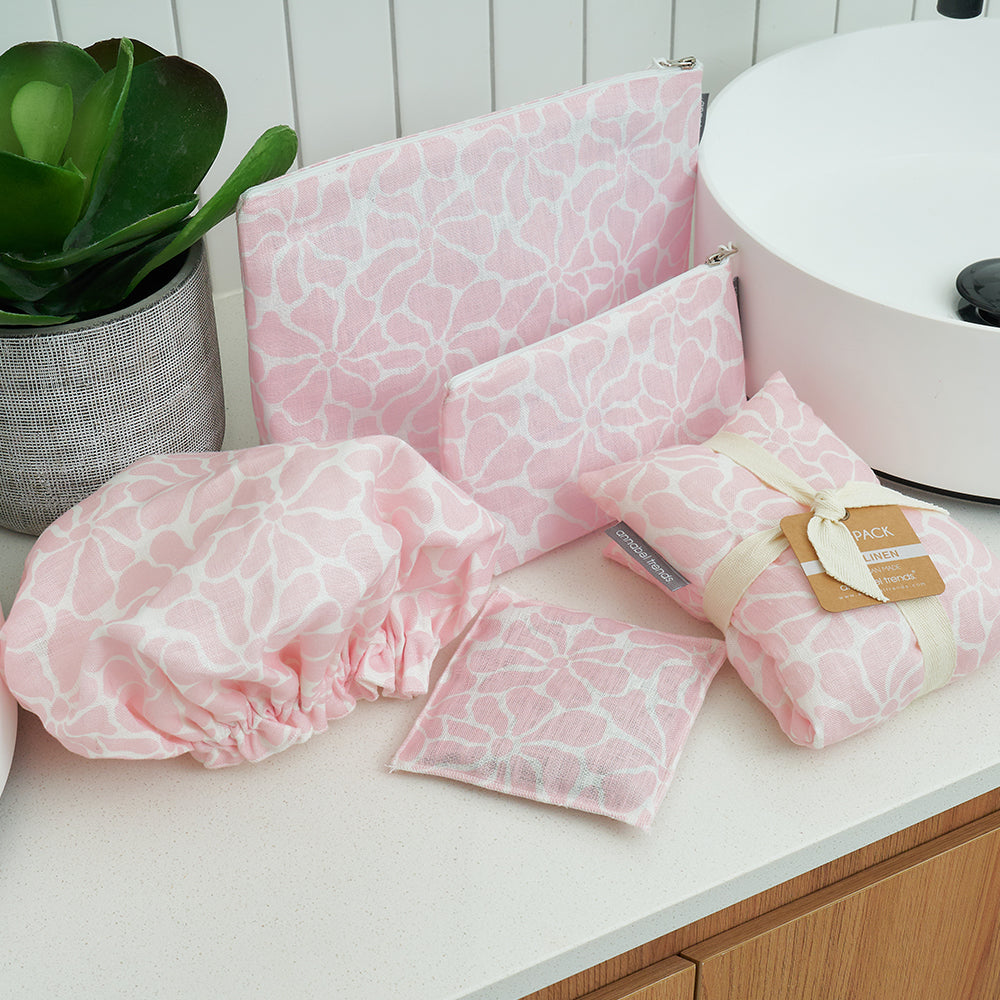Small Linen Cosmetic Bag - Pink Petal Floral
