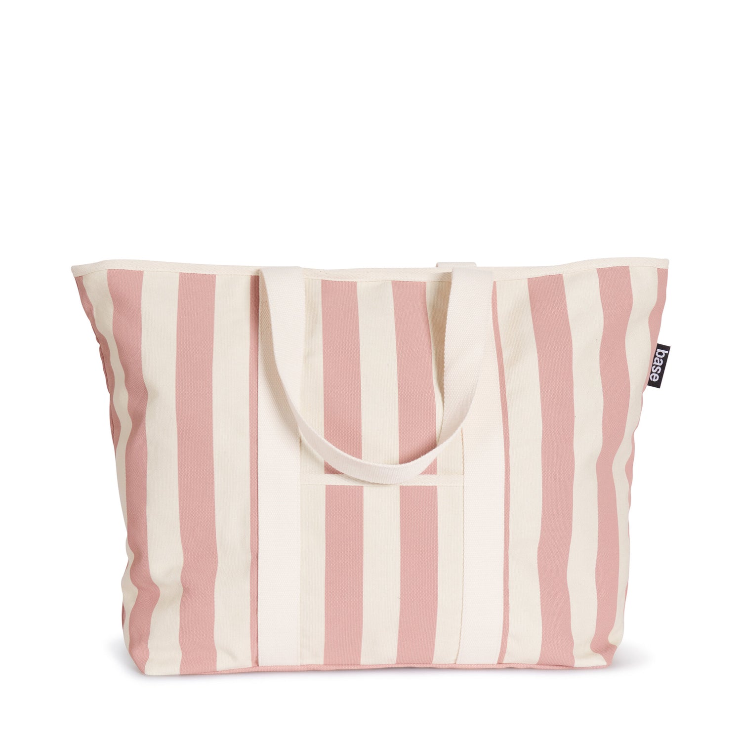 A striped cotton canvas tote bag in shades of beige and pink with durable handles, suitable for casual outings or grocery shopping - All Day Base Canvas Bag in Rosebud Stripe by Base Supply.