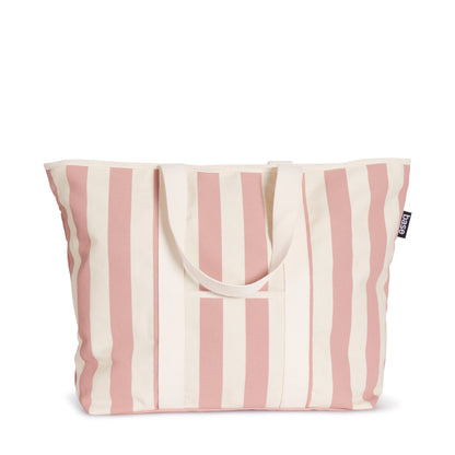 A striped cotton canvas tote bag in shades of beige and pink with durable handles, suitable for casual outings or grocery shopping - All Day Base Canvas Bag in Rosebud Stripe by Base Supply.