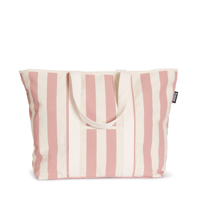 A striped cotton canvas tote bag in shades of beige and pink with durable handles, suitable for casual outings or grocery shopping - All Day Base Canvas Bag in Rosebud Stripe by Base Supply.