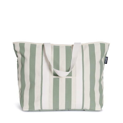 A spacious Olive Stripe Base Supply carryall in shades of green and white, perfect for a casual day out or a trip to the beach, made from durable cotton canvas.