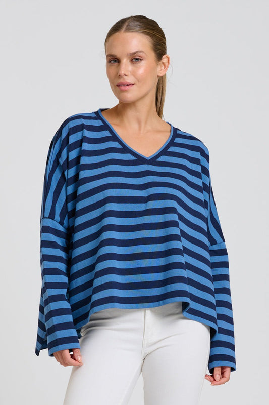 Breton V Neck Top - Navy Stripe