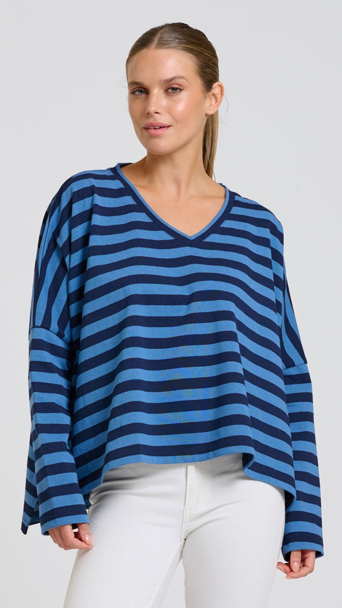 Breton V Neck Top - Navy Stripe