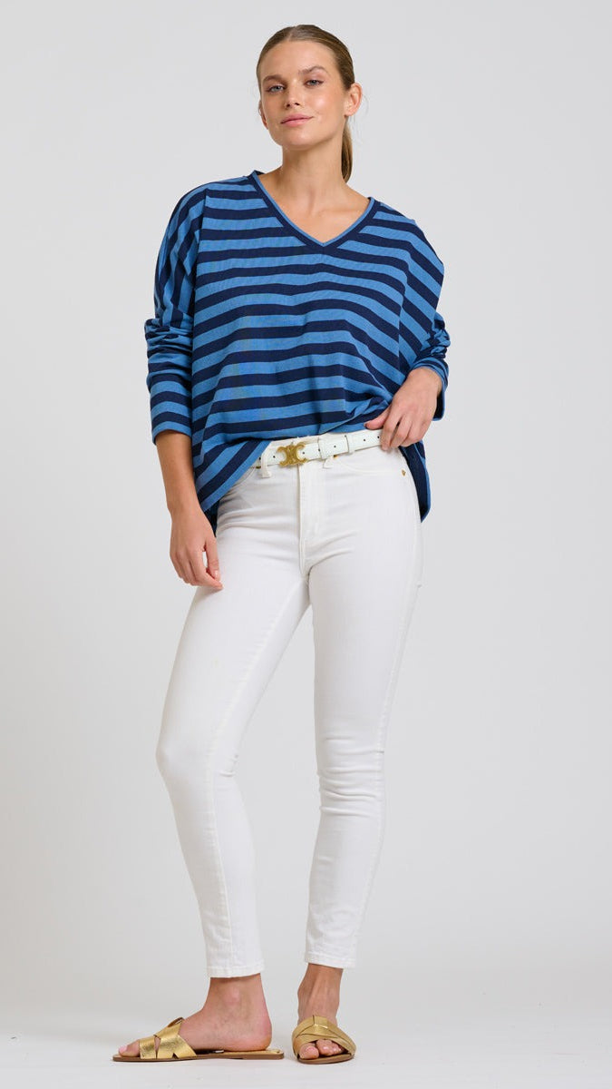 Breton V Neck Top - Navy Stripe