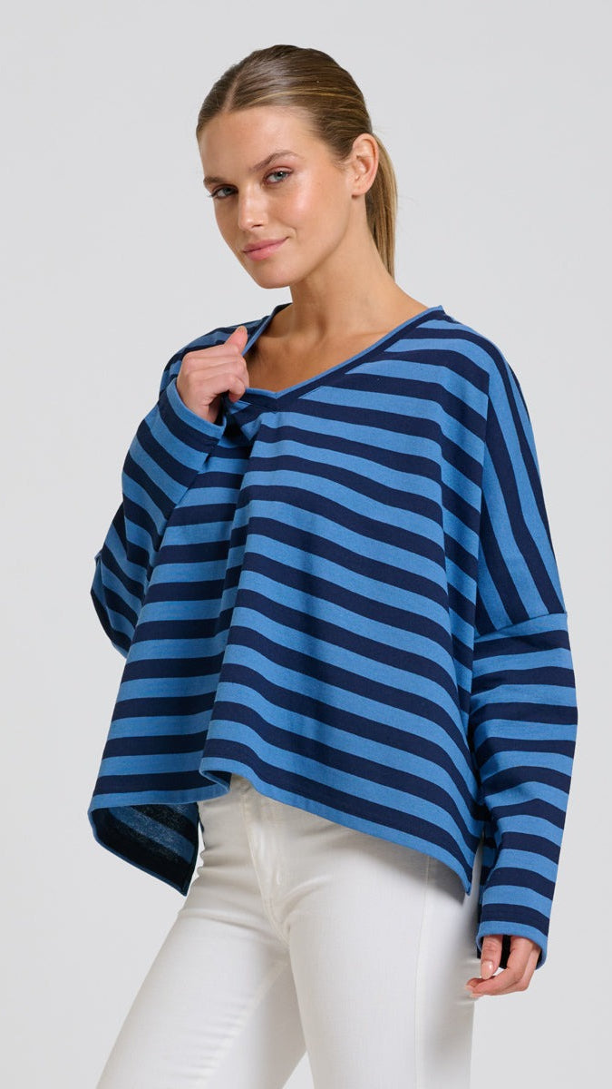 Breton V Neck Top - Navy Stripe