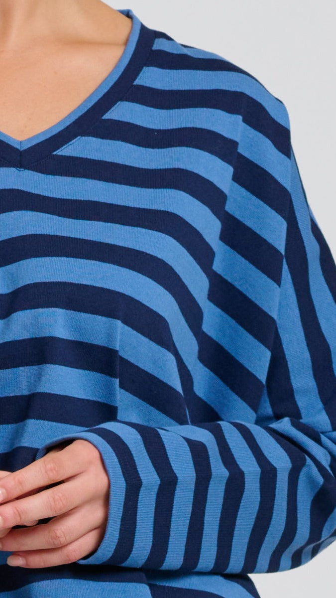 Breton V Neck Top - Navy Stripe