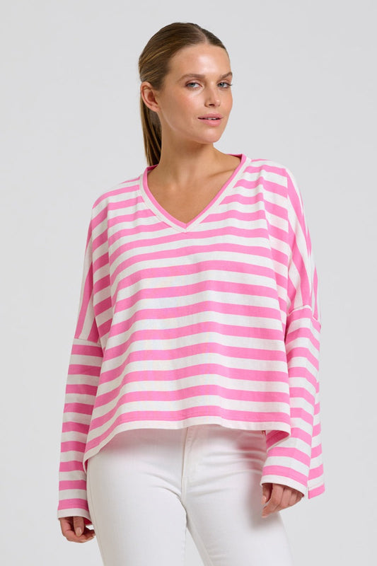 Breton V Neck Top - Pink Stripe