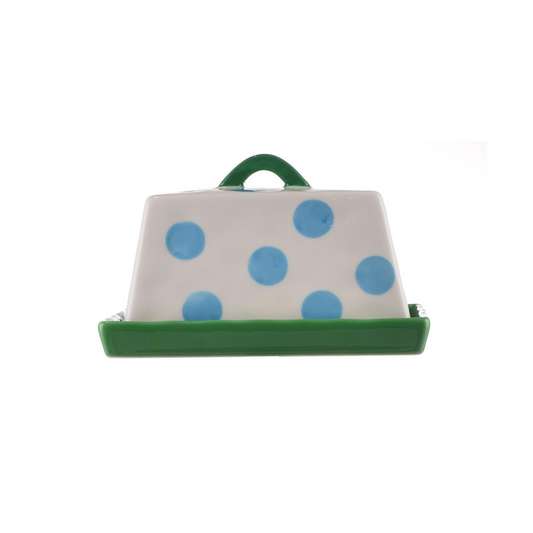 Butter Dish - Blue Dots with Green Handle & Tray