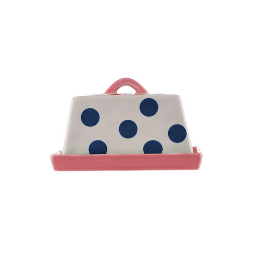 Butter Dish - Navy Dots with Pink Handle & Tray