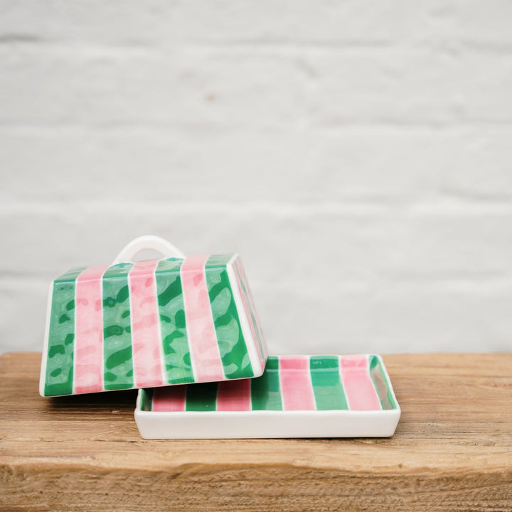 Butter Dish - Pink &amp; Green Stripe
