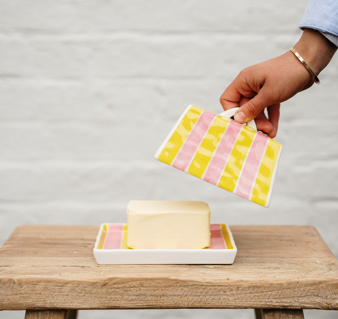 Butter Dish - Pink &amp; Yellow Stripe