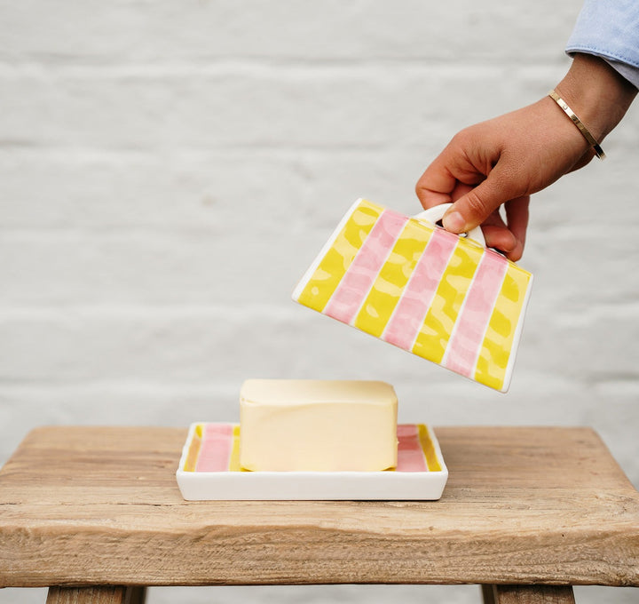 Butter Dish - Pink &amp; Yellow Stripe