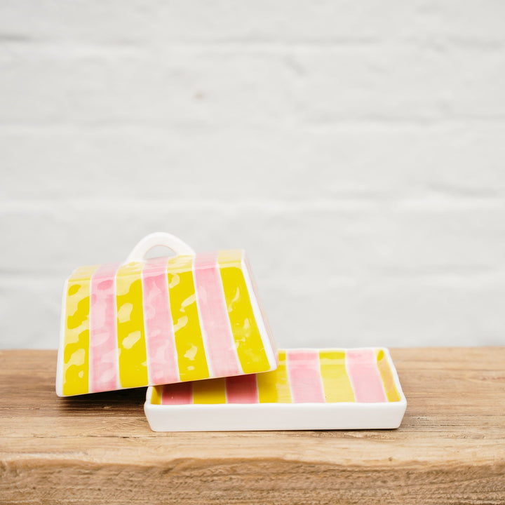Butter Dish - Pink &amp; Yellow Stripe