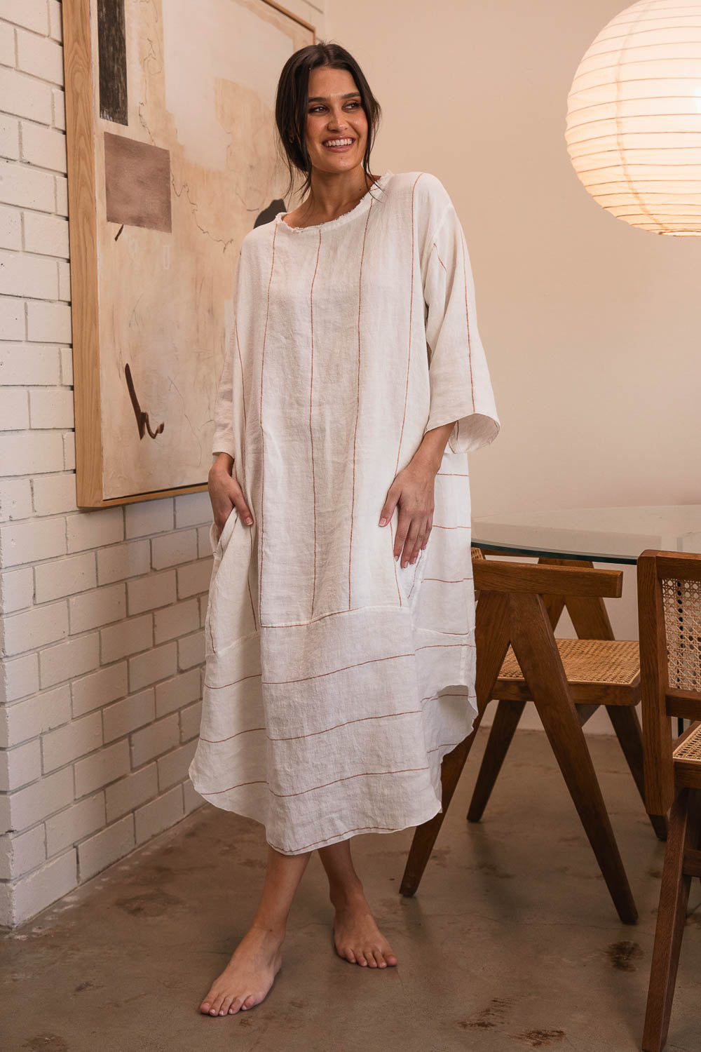 Carter Malle Linen Dress - Off White Nutmeg Fine Stripe