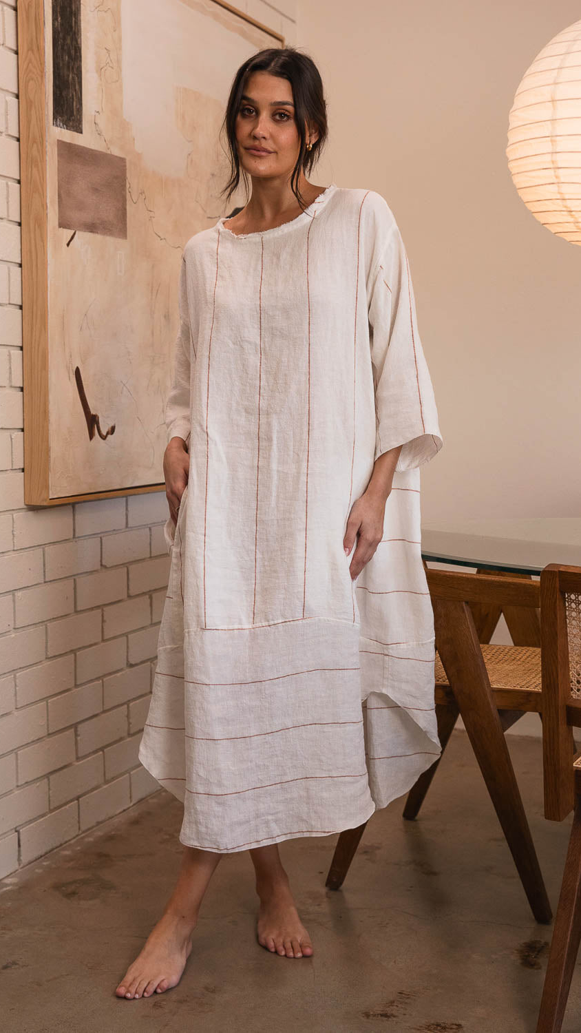 Carter Malle Linen Dress - Off White Nutmeg Fine Stripe