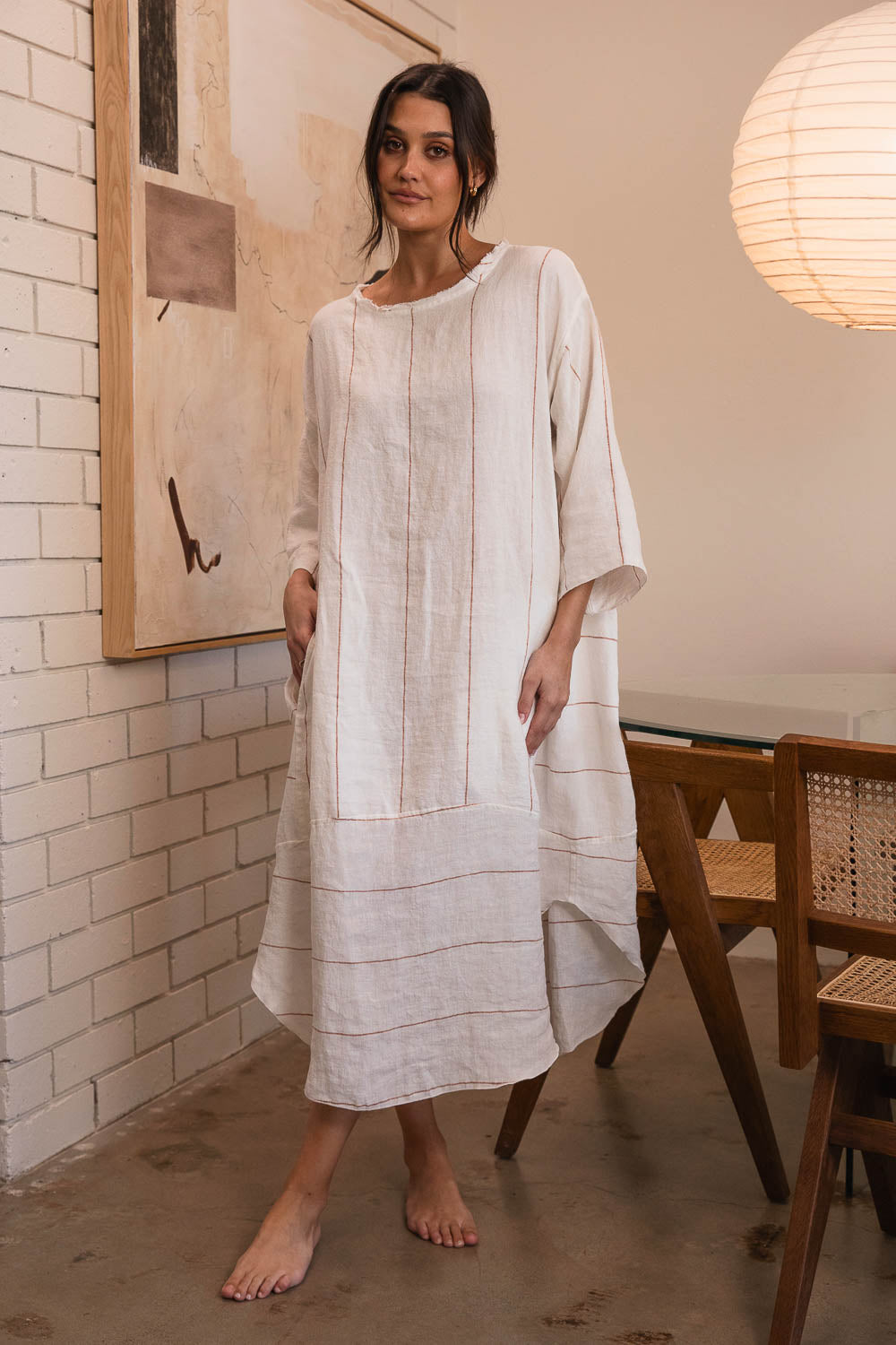 Carter Malle Linen Dress - Off White Nutmeg Fine Stripe