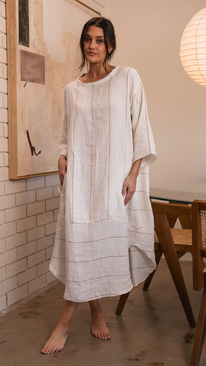 Carter Malle Linen Dress - Off White Nutmeg Fine Stripe