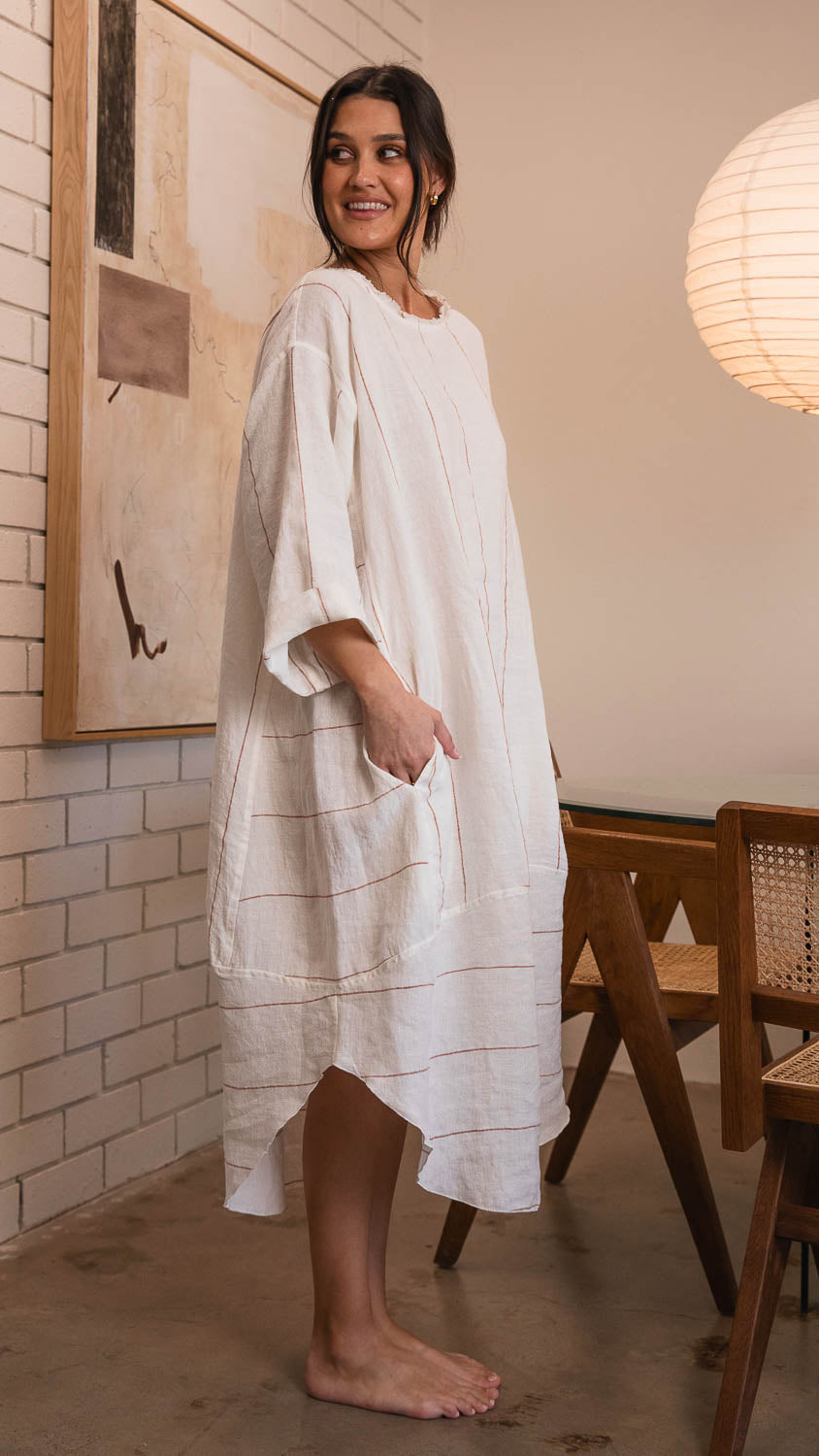 Carter Malle Linen Dress - Off White Nutmeg Fine Stripe