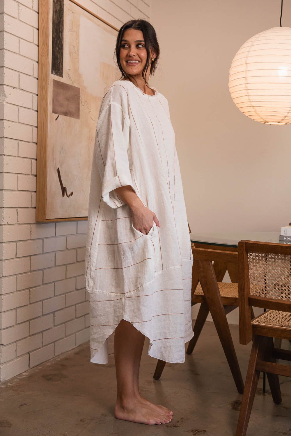 Carter Malle Linen Dress - Off White Nutmeg Fine Stripe