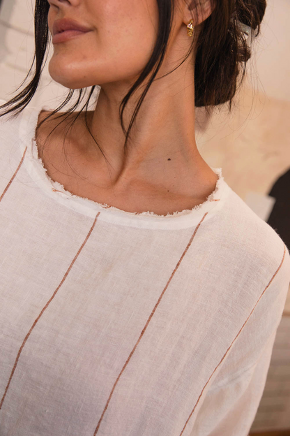 Carter Malle Linen Dress - Off White Nutmeg Fine Stripe