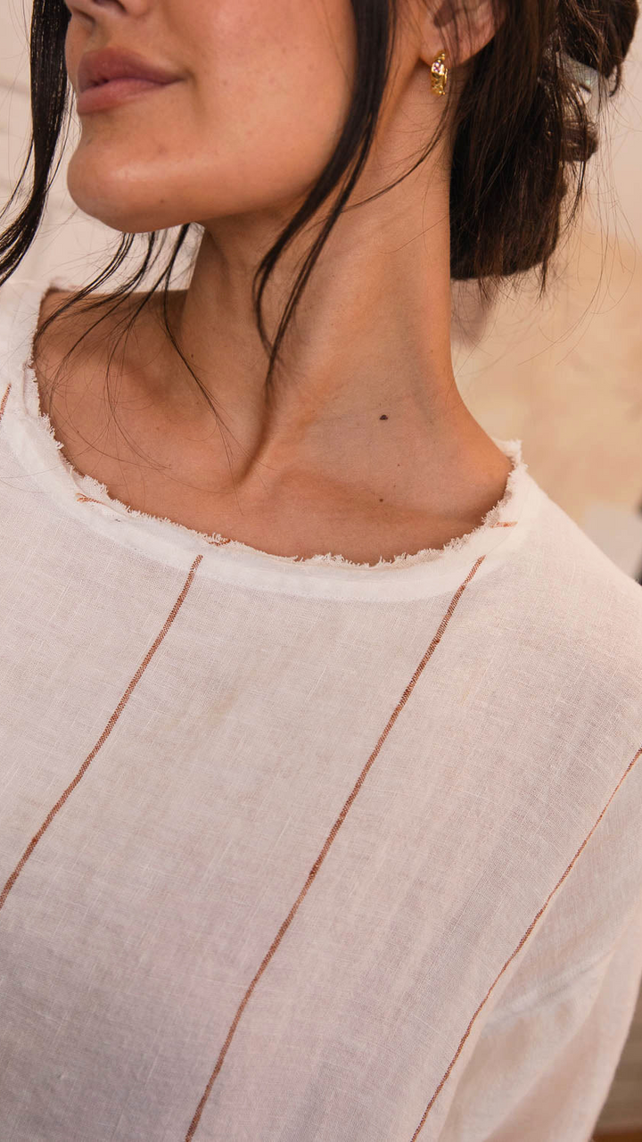 Carter Malle Linen Dress - Off White Nutmeg Fine Stripe