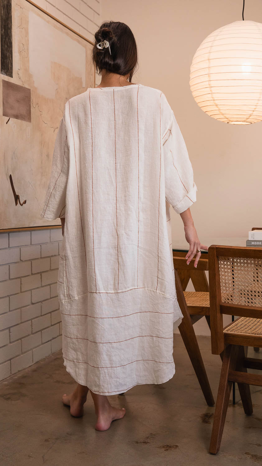 Carter Malle Linen Dress - Off White Nutmeg Fine Stripe