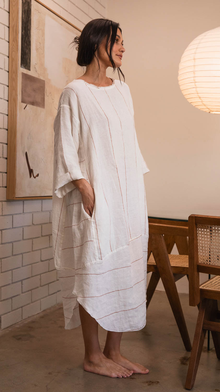 Carter Malle Linen Dress - Off White Nutmeg Fine Stripe