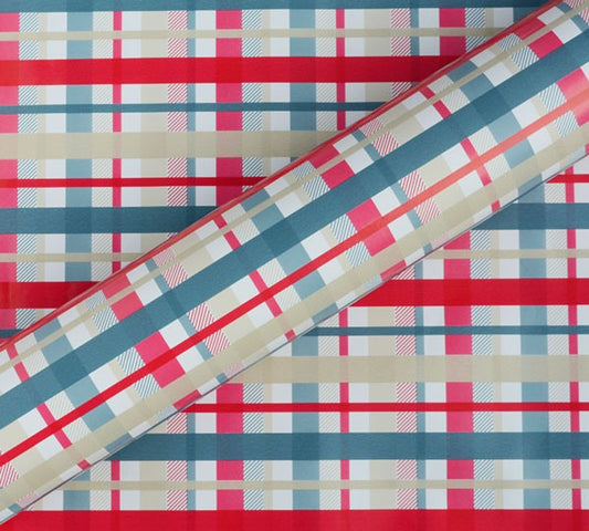 Check Mate Gift Wrap - Denim/Latte/Red On White