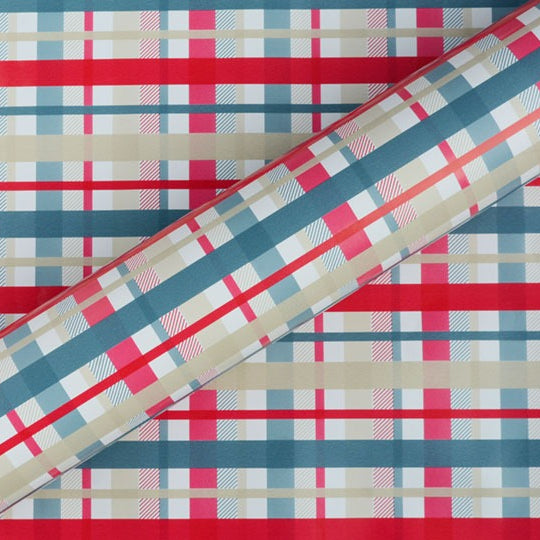 Check Mate Gift Wrap - Denim/Latte/Red On White