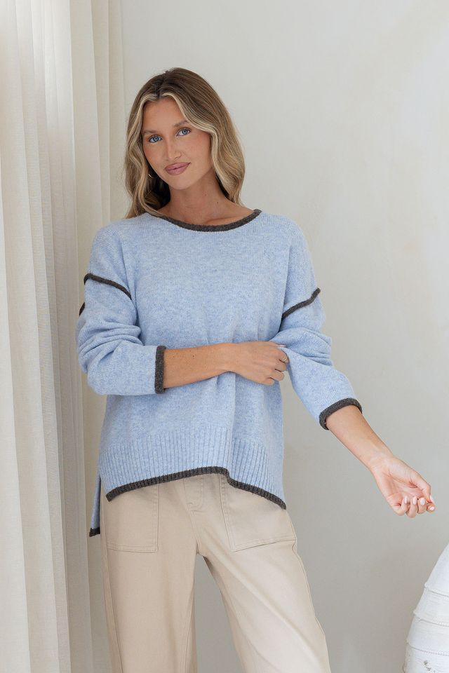 Contrast Trim Knit - Blue/Chocolate